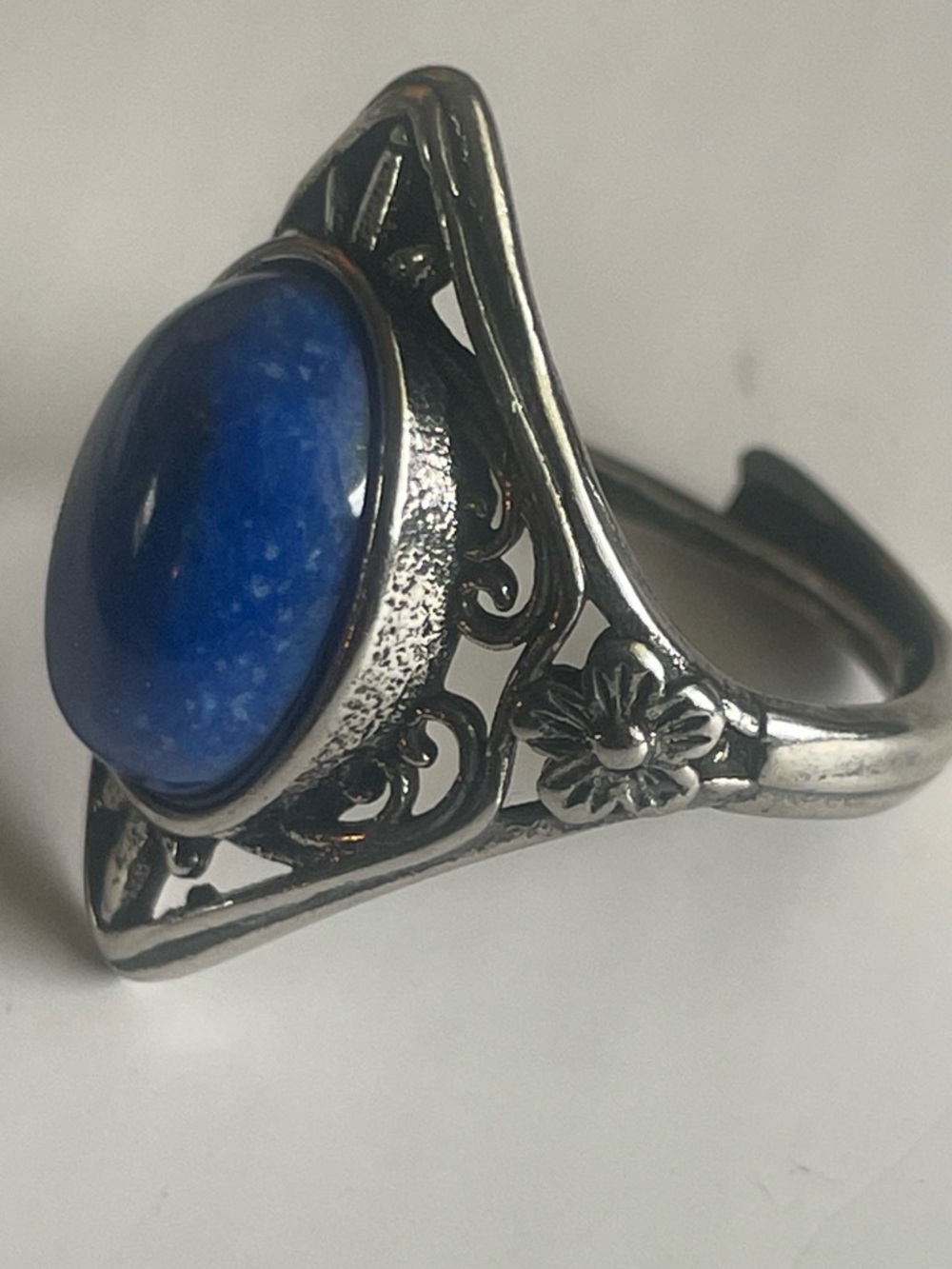 Vintage-Inspired Silver Filigree Ring with Blue Stone